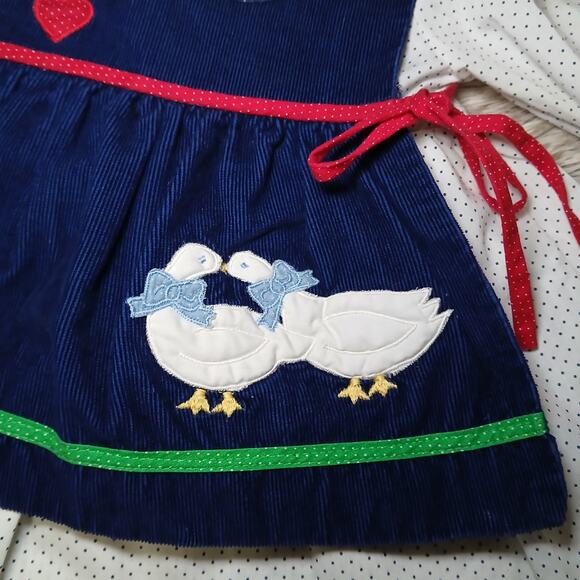Vtg Baby Girl Dress 18 Months Polka Dot Corduroy Pinafore Goose Appliqué Cottage - Picture 2 of 7
